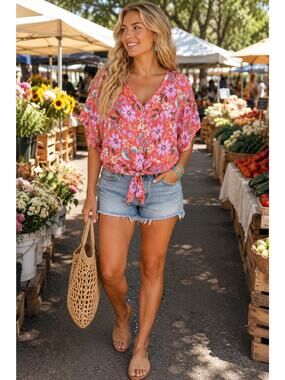 Boho Floral Tie Front Top Size Large Coral Pink Coastal Cowgirl Cottagecore
